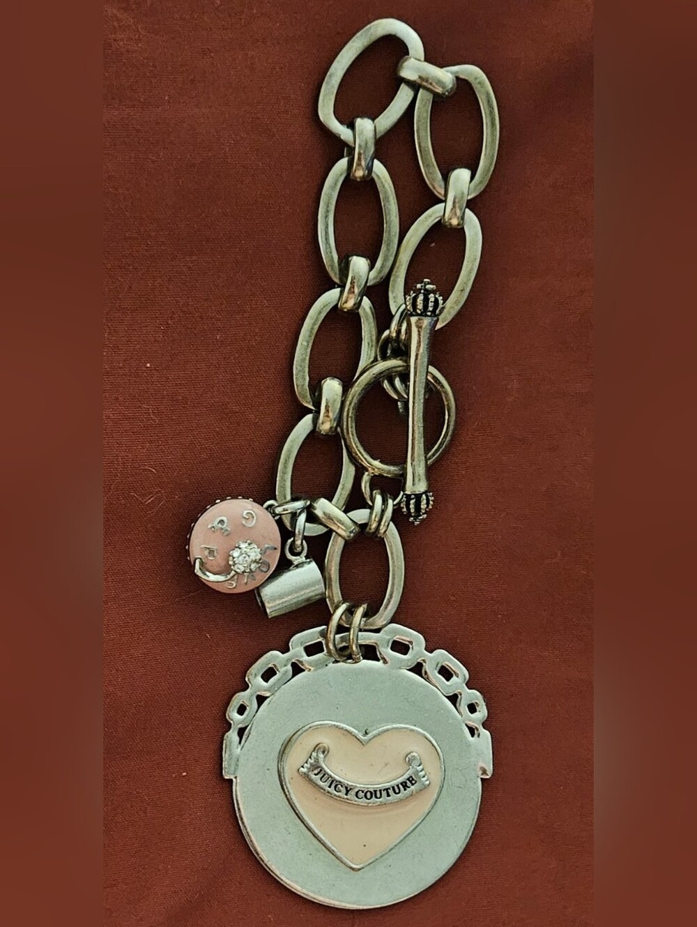 Juicy Couture Pink Heart Medallion Cupcake Mug Charm Toggle Bracelet Y2K 8"